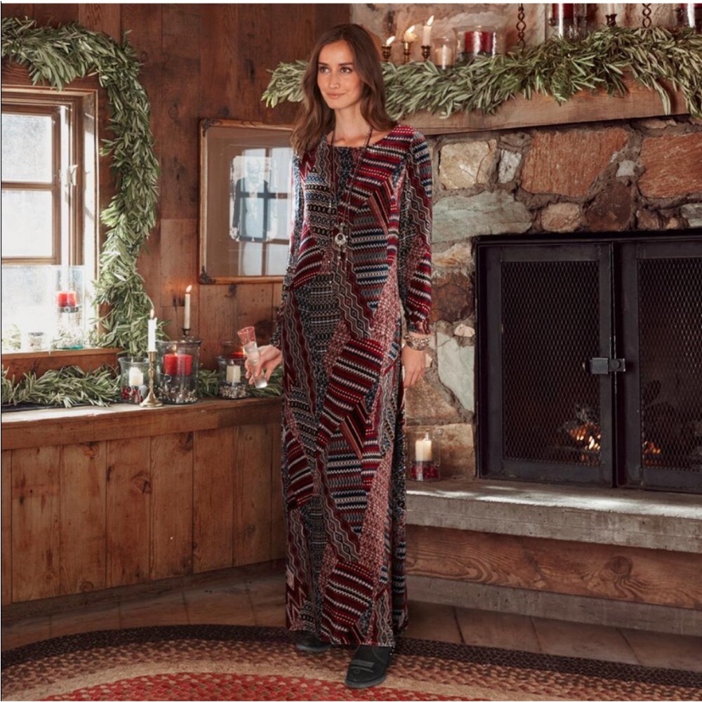 SUNDANCE: Patchwork Print Velvet Maxi Dress